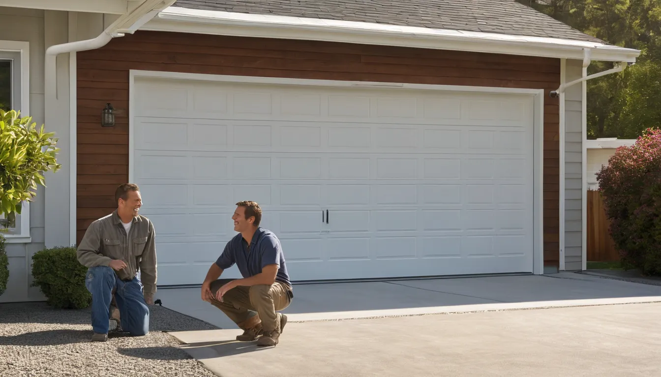 Friendly garage door provider checking the track of a residential garage door at a home in the Brighton area